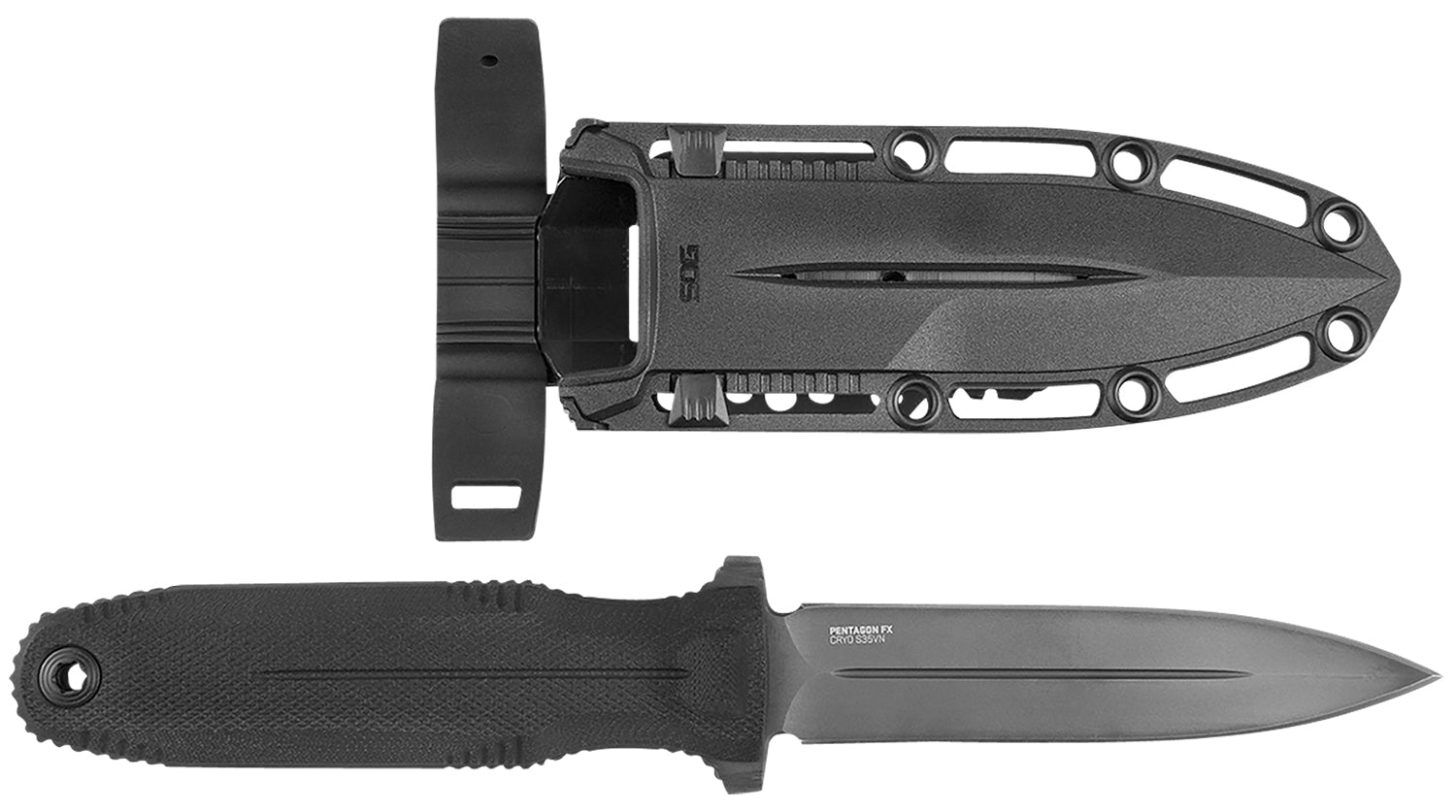 S.O.G Pentagon FX 4.77" Fixed Double-Edge Spear Point Black TiN CPM S35VN Blade, Blackout G10 Handle and Sheath