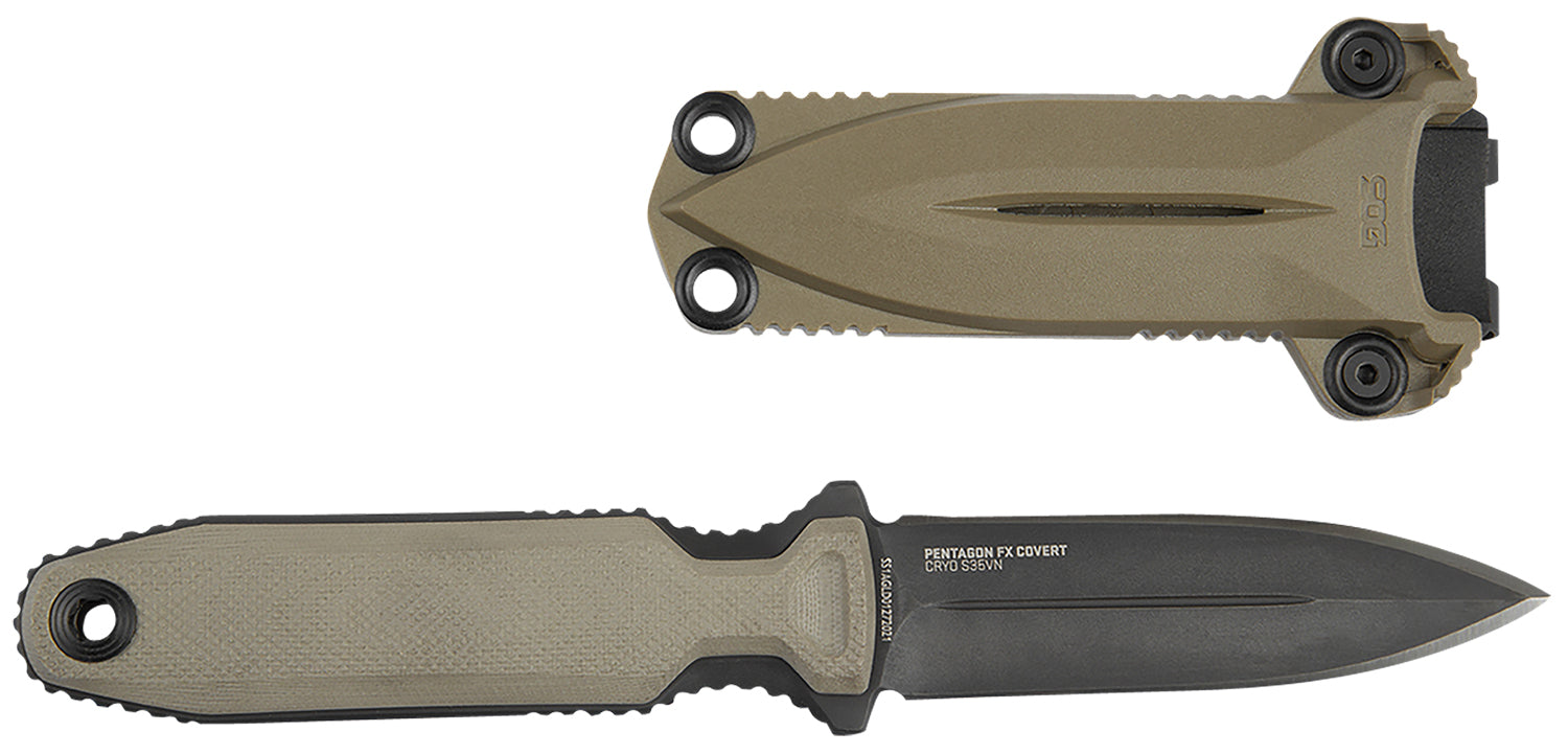 S.O.G Pentagon FX Covert 3.41" Fixed Double-Edge Spear Point Black TiN CPM S35VN Blade, Flat Dark Earth G10 Handle and Sheath