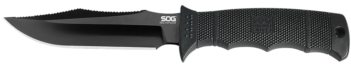 SOG SOGE37SNCP Seal Pup Elite 4.85" Fixed Clip Point Plain Blade Black TiCN Finish AUS-8A Stainless Steel Black GRN Handle with Lanyard and Sheath