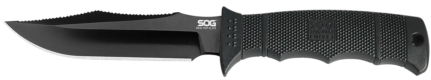 SOG SOGE37SNCP Seal Pup Elite 4.85" Fixed Clip Point Plain Blade Black TiCN Finish AUS-8A Stainless Steel Black GRN Handle with Lanyard and Sheath