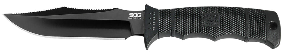 SOG SOGE37SNCP Seal Pup Elite 4.85" Fixed Clip Point Plain Blade Black TiCN Finish AUS-8A Stainless Steel Black GRN Handle with Lanyard and Sheath