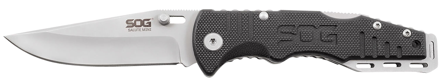 SOG SOGFF1001C Salute Mini Folding Knife 3.10" Bead Blasted Plain Clip Point 8Cr13MoV SS Blade Black G10 Handle Adjustable Thumb Stud