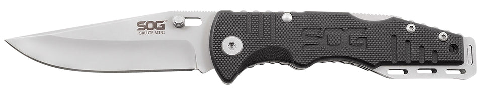 SOG SOGFF1001C Salute Mini Folding Knife 3.10" Bead Blasted Plain Clip Point 8Cr13MoV SS Blade Black G10 Handle Adjustable Thumb Stud