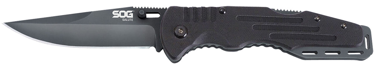 SOG SOG-FF11-CP Salute Folding Tactical Knife 3.62" Plain Clip Point Black Hardcased 8Cr13MoV SS Blade Black G10 Handle Adjustable Thumb Stud