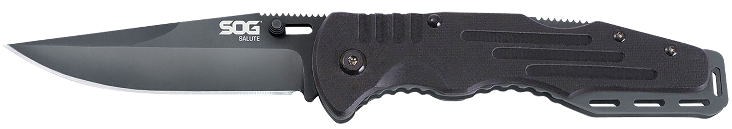 SOG SOG-FF11-CP Salute Folding Tactical Knife 3.62" Plain Clip Point Black Hardcased 8Cr13MoV SS Blade Black G10 Handle Adjustable Thumb Stud