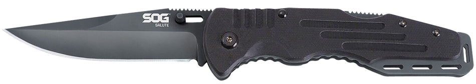 SOG SOG-FF11-CP Salute Folding Tactical Knife 3.62" Plain Clip Point Black Hardcased 8Cr13MoV SS Blade Black G10 Handle Adjustable Thumb Stud