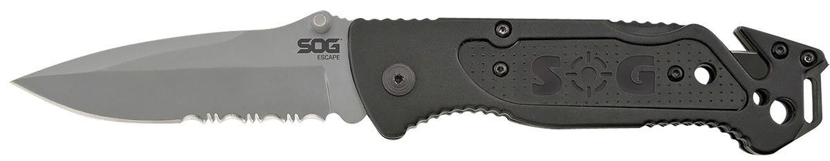 SOG SOG-FF24-CP Escape 3.40" Folding Part Serrated Clip Point 9Cr18MoV SS Bead Blasted Blade Black Anodized Aluminum Handle Wire Stripper Belt Clip