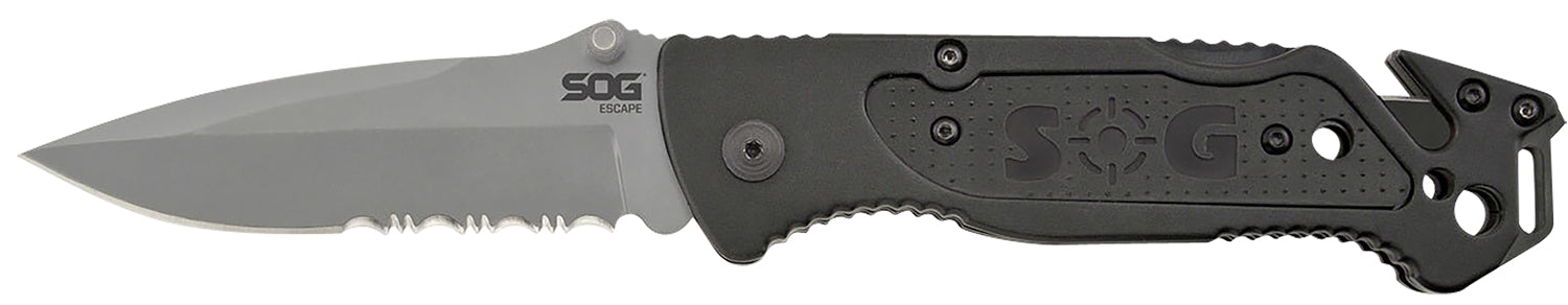 SOG SOG-FF24-CP Escape 3.40" Folding Part Serrated Clip Point 9Cr18MoV SS Bead Blasted Blade Black Anodized Aluminum Handle Wire Stripper Belt Clip