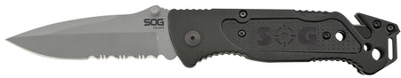 SOG SOG-FF24-CP Escape 3.40" Folding Part Serrated Clip Point 9Cr18MoV SS Bead Blasted Blade Black Anodized Aluminum Handle Wire Stripper Belt Clip