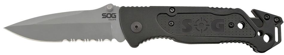 SOG SOG-FF24-CP Escape 3.40" Folding Part Serrated Clip Point 9Cr18MoV SS Bead Blasted Blade Black Anodized Aluminum Handle Wire Stripper Belt Clip