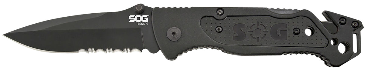 SOG SOGFF25CP Escape 3.40" Folding Part Serrated Clip Point Black Hardcased 9Cr18MoV SS Blade Black Anodized Aluminum Handle Wire Stripper Belt Clip
