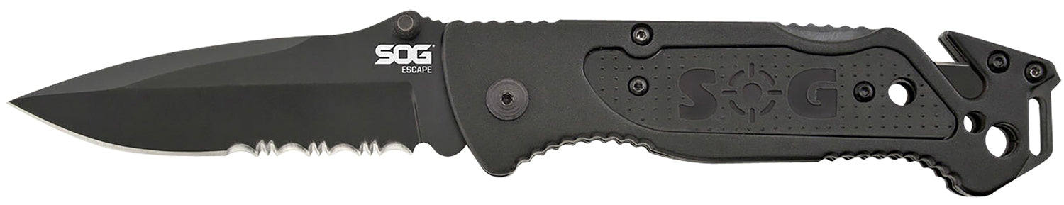 SOG SOGFF25CP Escape 3.40" Folding Part Serrated Clip Point Black Hardcased 9Cr18MoV SS Blade Black Anodized Aluminum Handle Wire Stripper Belt Clip