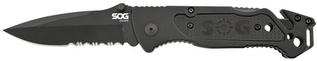 SOG SOGFF25CP Escape 3.40" Folding Part Serrated Clip Point Black Hardcased 9Cr18MoV SS Blade Black Anodized Aluminum Handle Wire Stripper Belt Clip