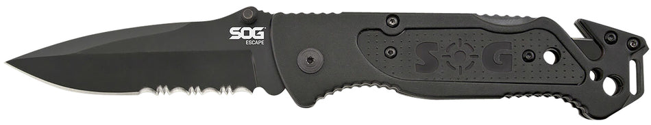 SOG SOGFF25CP Escape 3.40" Folding Part Serrated Clip Point Black Hardcased 9Cr18MoV SS Blade Black Anodized Aluminum Handle Wire Stripper Belt Clip