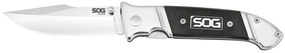 SOG SOG-FF38-CP Fielder 3.30" Folding Plain Clip Point Satin 7Cr17MoV SS Blade Black G10 Handle Classic Look Belt Clip Included
