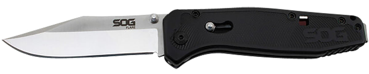 SOG SOGFLA1001CP Flare 3.50" Folding Plain Clip Point SOG Assisted Technology Satin Polished Blade Black GRN Handle Pocket Clip