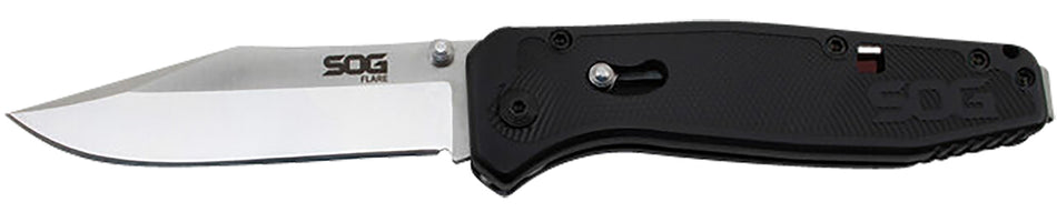 SOG SOGFLA1001CP Flare 3.50" Folding Plain Clip Point SOG Assisted Technology Satin Polished Blade Black GRN Handle Pocket Clip