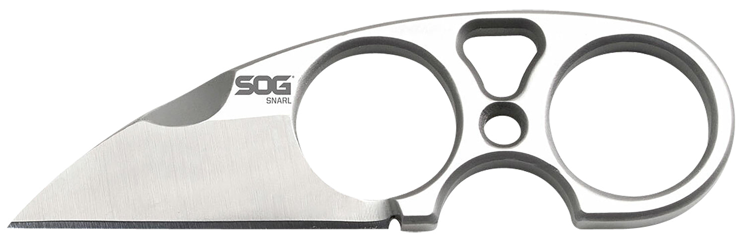 SOG SOG-JB01K-CP Snarl 2.30" Fixed Plain Sheepsfoot Satin 9Cr18MoV SS Blade Stainless Handle Two Finger Holes Hard Nylon Sheath