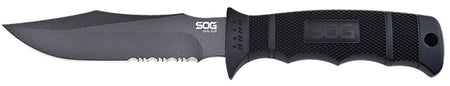 SOG SOGM37NCP Seal Pup 4.75" Fixed Part Serrated Clip Point Powder Coated AUS-8A SS Blade Black GRN Handle Diamond Pattern Grip Lanyard Sheath