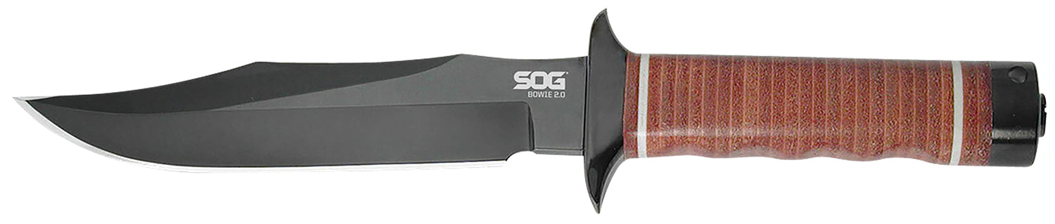 SOG SOGS1TL Bowie 2.0 6.40" Fixed Plain Clip Point Black Hardcased AUS-8 Blade with Stacked Leather Handle