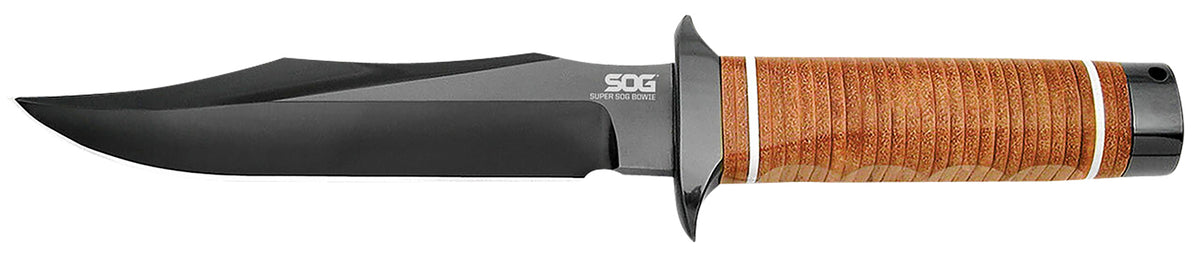 SOG SOGSB1TL Super SOG 7.50" Fixed Plain Bowie Black Hardcased AUS-8A Blade Brown Leather Washer Handle with Sheath