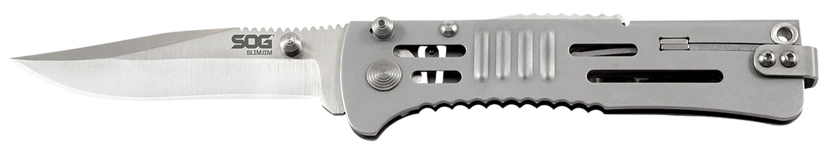 SOG SOG-SJ31-CP SlimJim Assisted Folding Knife 3.18" Satin AUS-8A Blade with Stainless Handle and Reversible Belt Clip