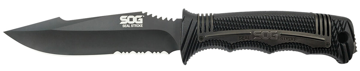 SOG SOGSS1003CP Seal Strike 4.90" Fixed Partially Serrated Clip Point AUS-8A Blade with Black GRN/SS Handle and Sheath