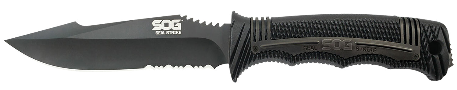 SOG SOGSS1003CP Seal Strike 4.90" Fixed Partially Serrated Clip Point AUS-8A Blade with Black GRN/SS Handle and Sheath
