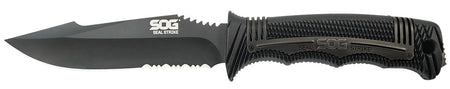 SOG SOGSS1003CP Seal Strike 4.90" Fixed Partially Serrated Clip Point AUS-8A Blade with Black GRN/SS Handle and Sheath