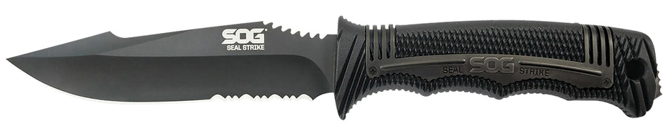 SOG SOGSS1003CP Seal Strike 4.90" Fixed Partially Serrated Clip Point AUS-8A Blade with Black GRN/SS Handle and Sheath