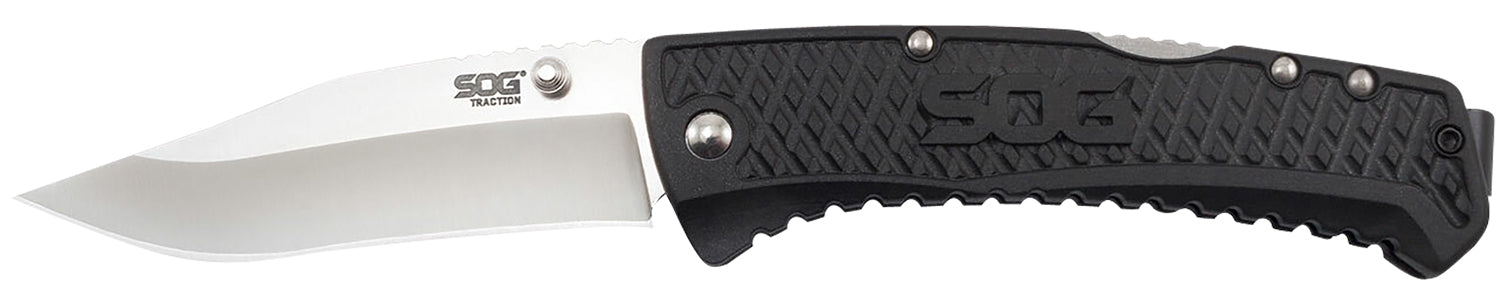 SOG SOG-TD1011-C Traction 3.50" Folding Plain Clip Point 5Cr13MoV SS Blade Black GRN Handle with Low-Carry Pocket Clip