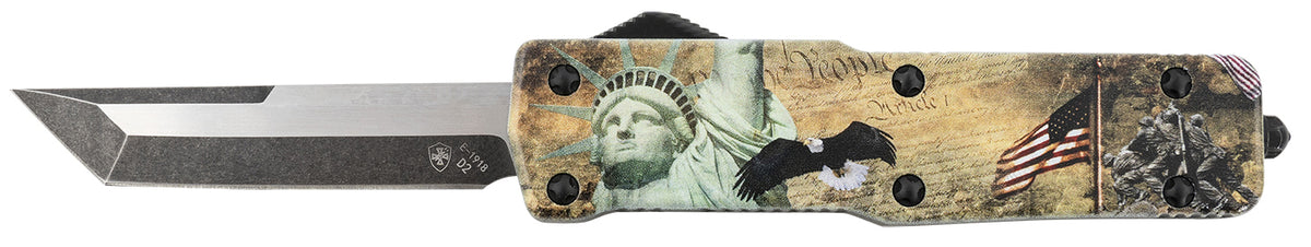 Templar SZLIB221 Premium Weighted Liberty 3-Inch OTF Tanto D2 Steel Blade, Gold Statue of Liberty Flag Aluminum Handle