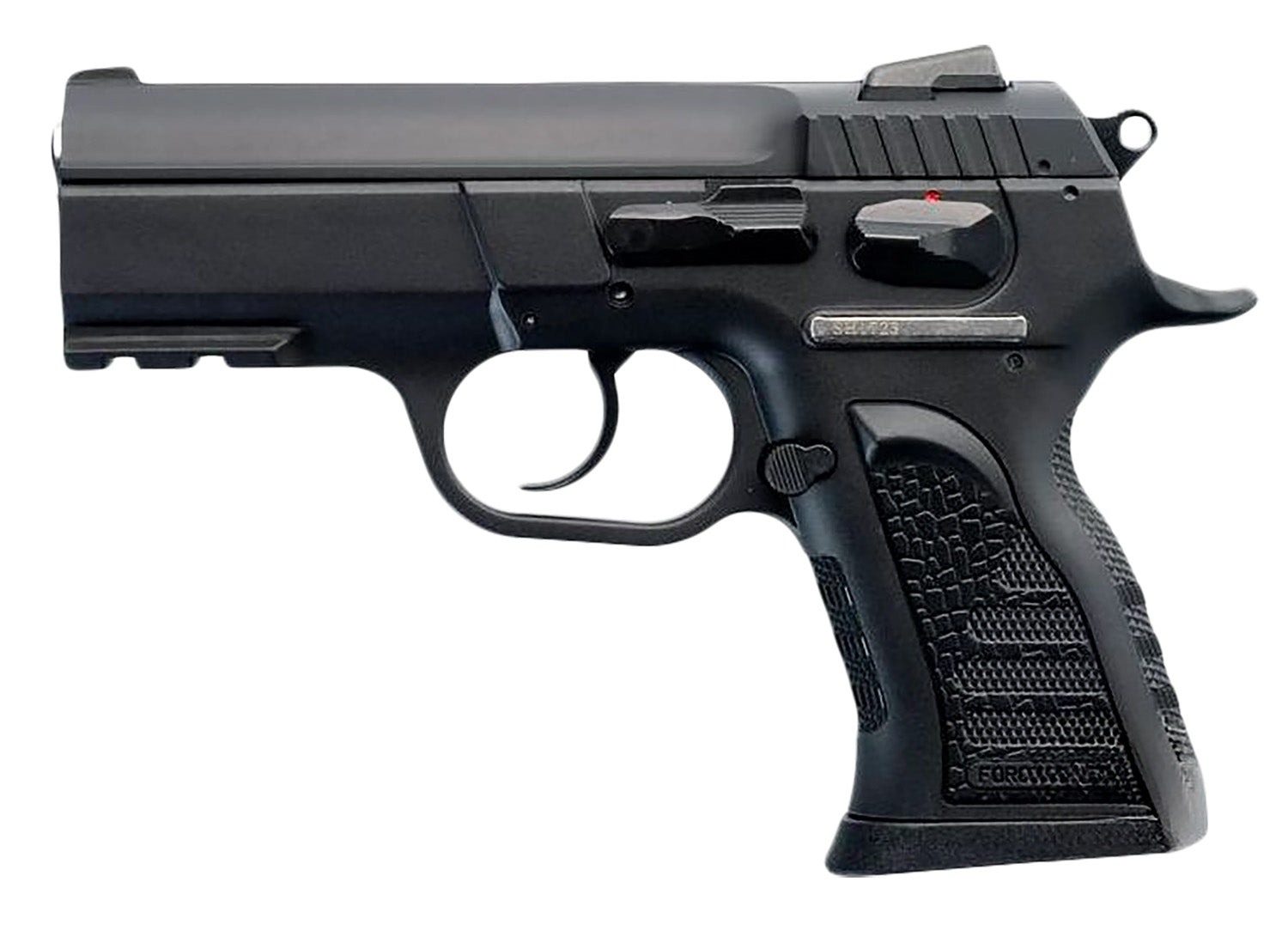 Tanfoglio IFG TFCOMPACTF10 Force Compact F 10mm Auto Caliber with 3.62" Barrel, 11+1 Capacity, Overall Black Finish, Picatinny Rail Frame, Serrated Steel Slide & Rubber Grip