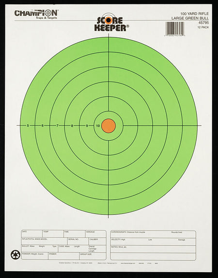 Champion Targets 45795 Large Fluorescent Green/Orange Bullseye Rifle Hanging Paper Target 12 PK
