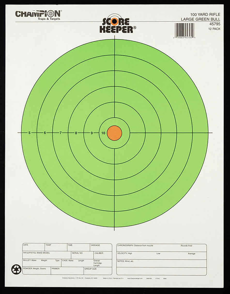 Champion Targets 45795 Large Fluorescent Green/Orange Bullseye Rifle Hanging Paper Target 12 PK