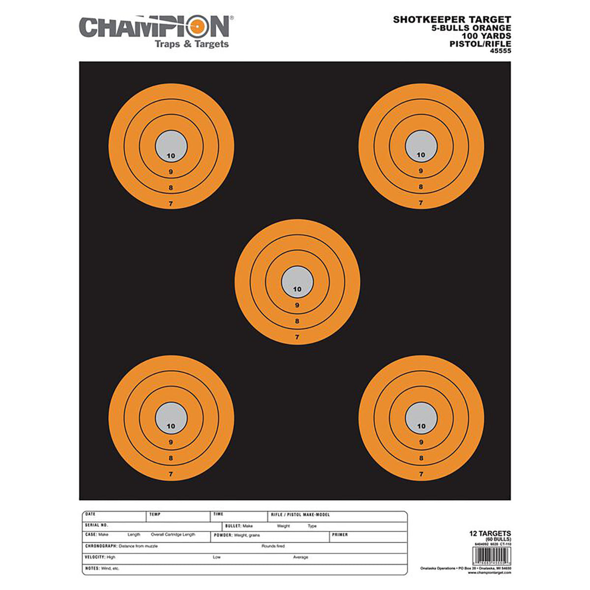Champion Targets 45555 Large 5" Bullseye Shotkeeper Pistol/Rifle Paper Target Black/Orange 12 Pack