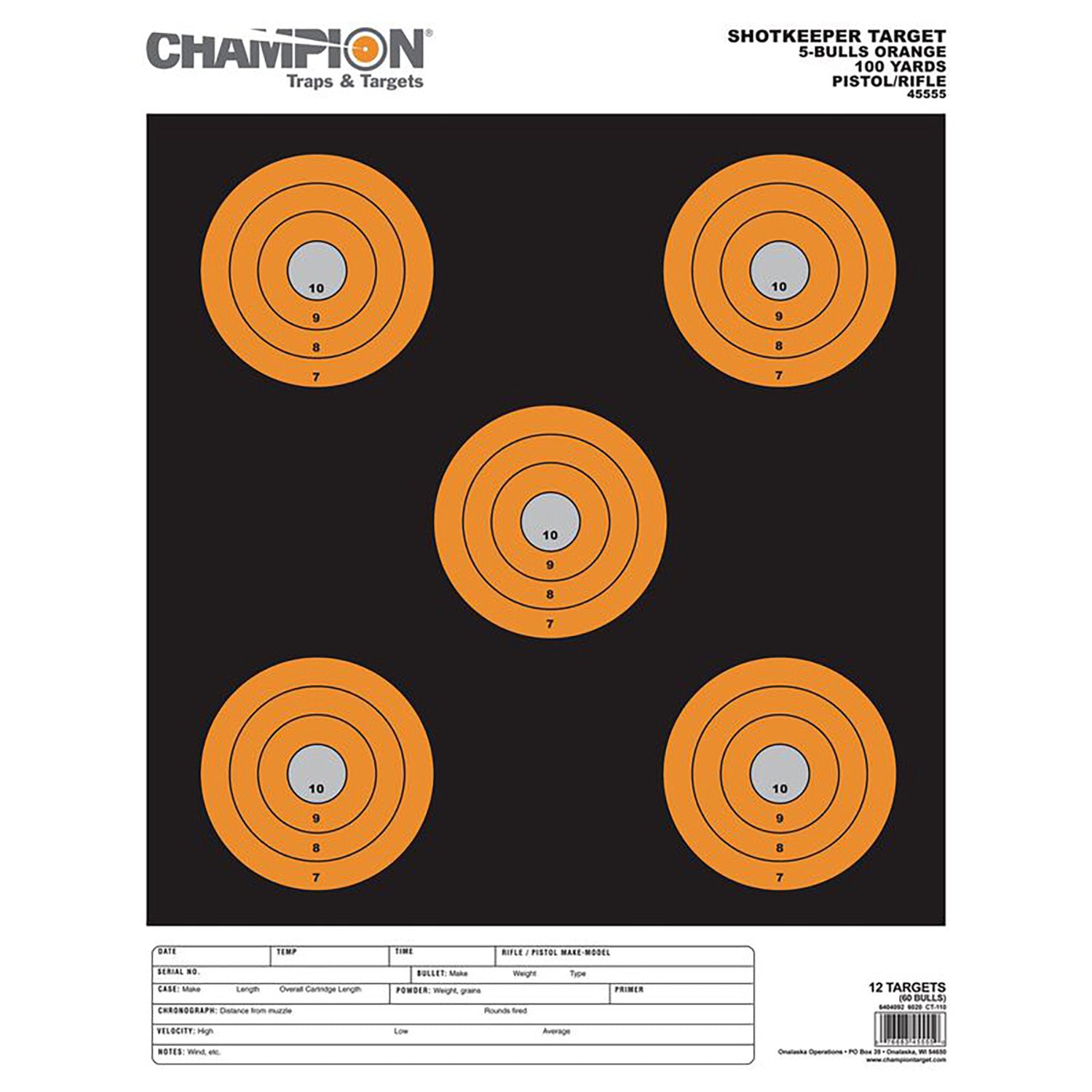 Champion Targets 45555 Large 5" Bullseye Shotkeeper Pistol/Rifle Paper Target Black/Orange 12 Pack