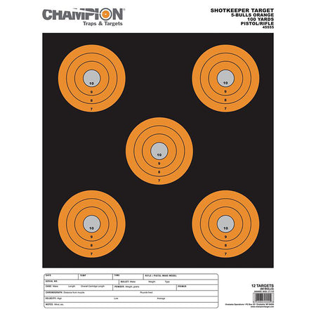 Champion Targets 45555 Large 5" Bullseye Shotkeeper Pistol/Rifle Paper Target Black/Orange 12 Pack