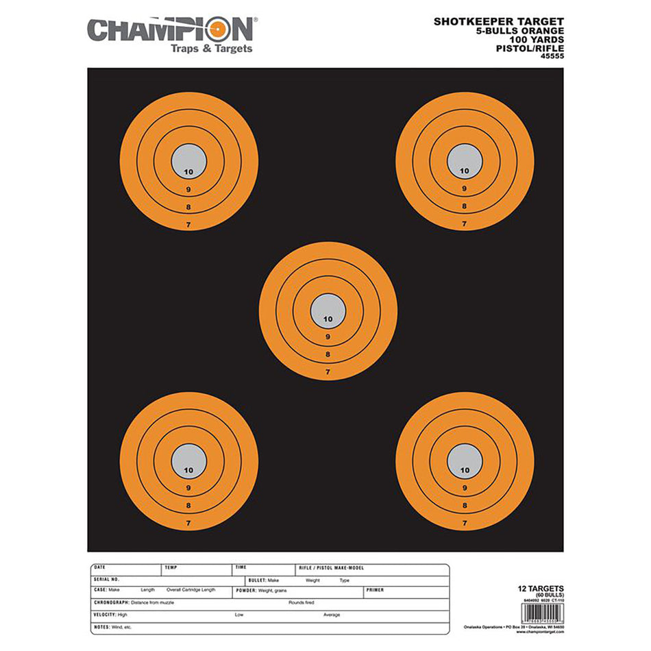 Champion Targets 45555 Large 5" Bullseye Shotkeeper Pistol/Rifle Paper Target Black/Orange 12 Pack