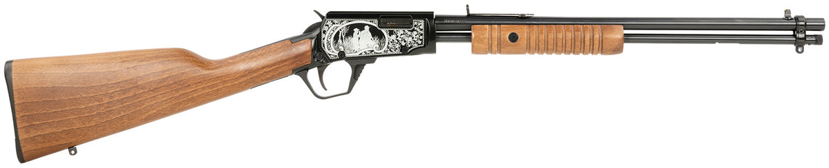 Rossi RP22181WDEN16 Gallery Full Size 22 LR 15+1, 18" Polished Black Steel Barrel Polished Black w/Father And Son Hunting Scene Engraving Steel Receiver, Hardwood Fixed Stock, Right Hand