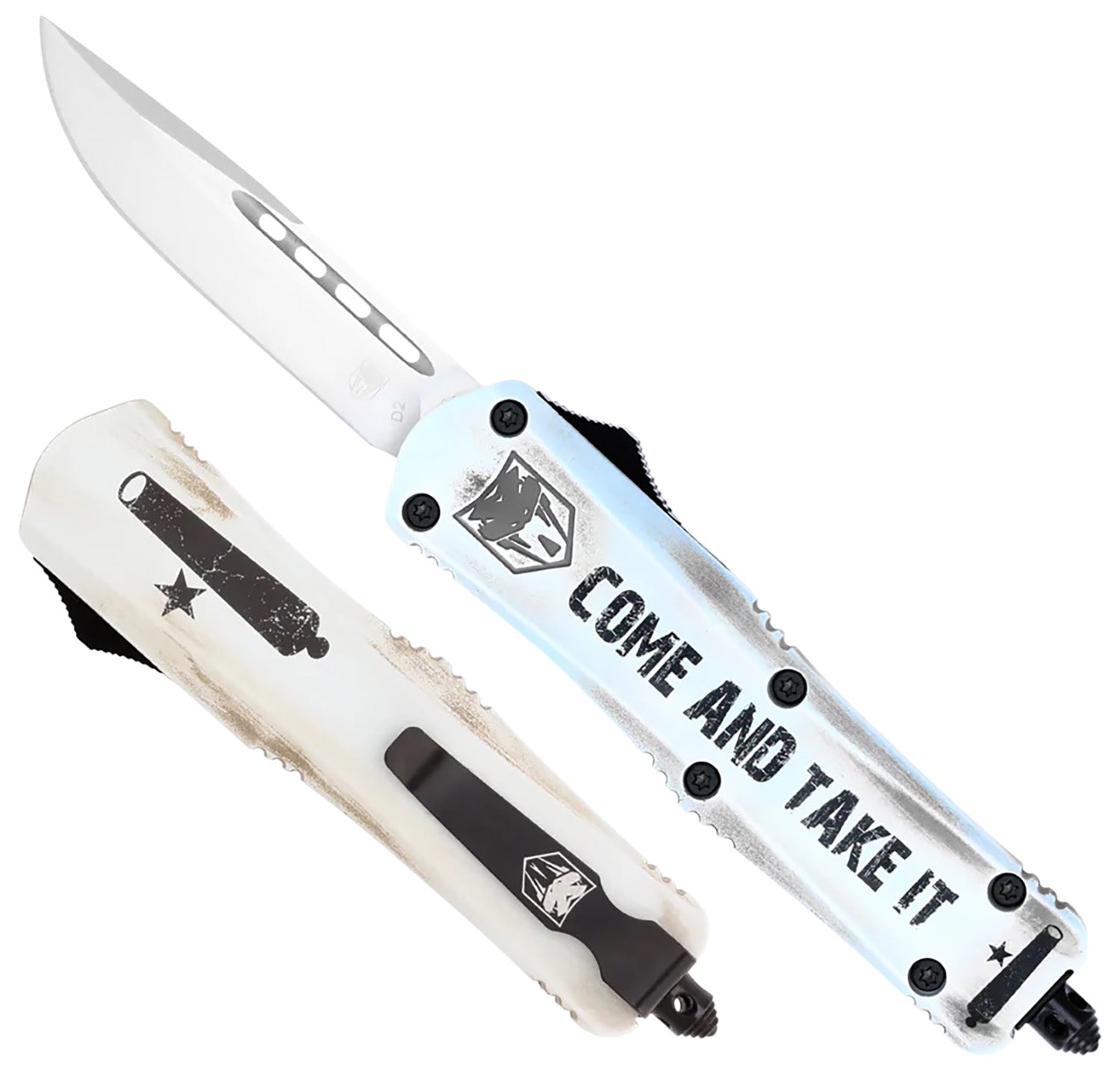 CobraTec Knives Come And Take It Small FS-3 OTF 3" Drop Point D2 Steel White Aluminum Cerakoted Handle