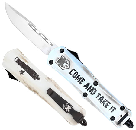 CobraTec Knives Come And Take It Small FS-3 OTF 3" Drop Point D2 Steel White Aluminum Cerakoted Handle