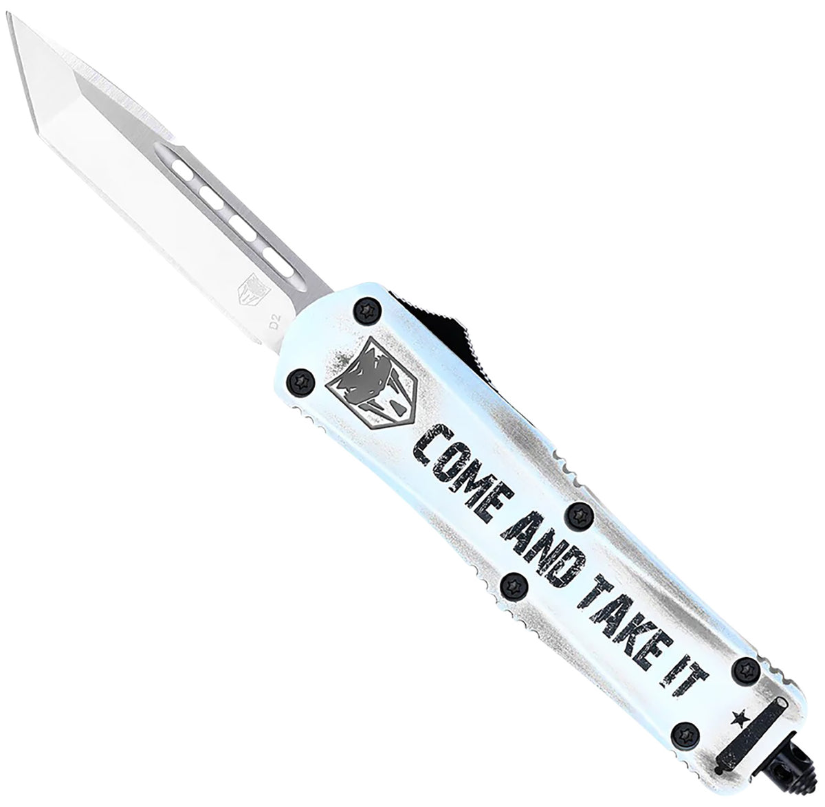 CobraTec Knives Come And Take It Small FS-3 OTF 3" Tanto Satin D2 Steel White Aluminum Cerakoted Handle