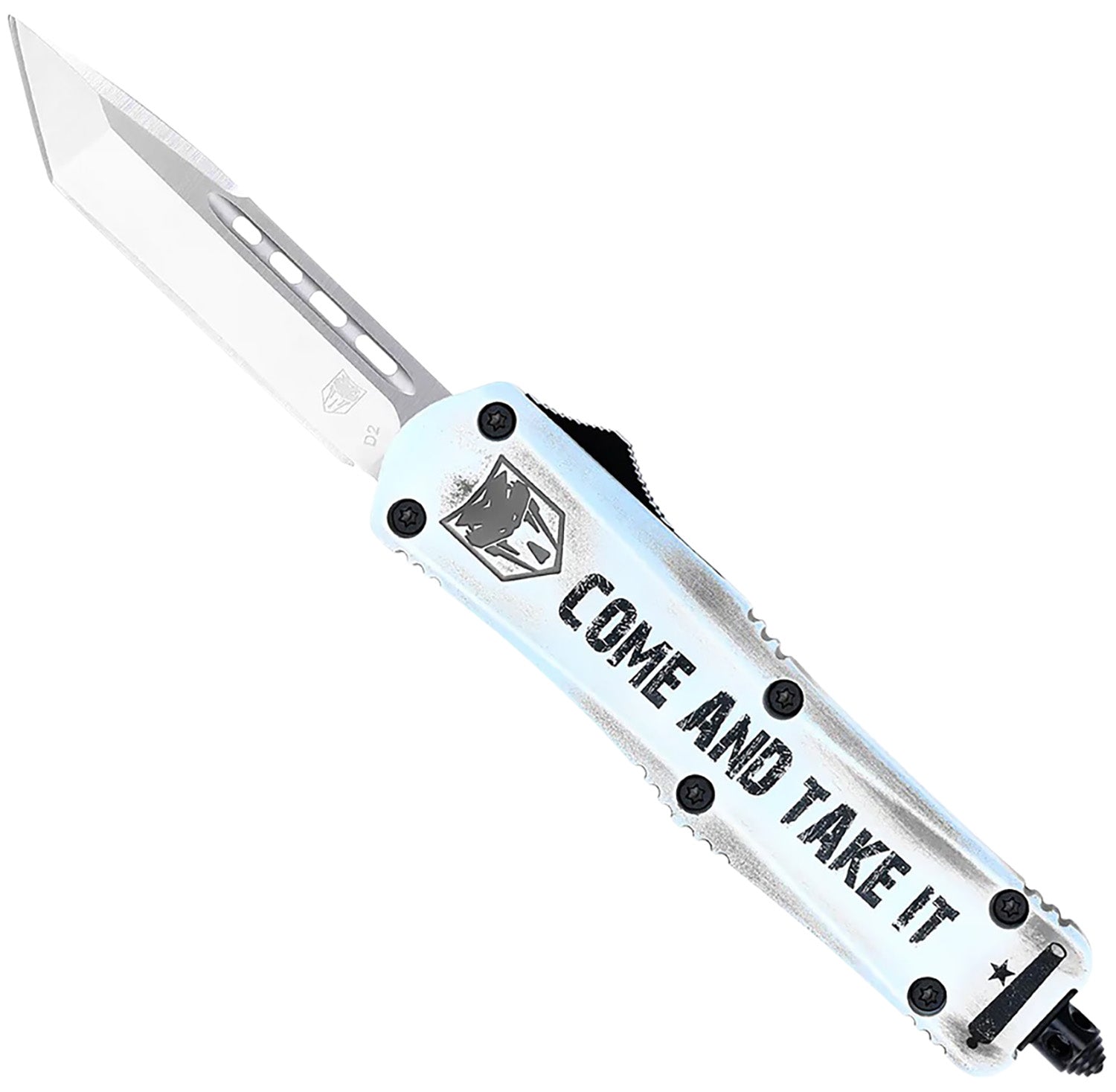 CobraTec Knives Come And Take It Small FS-3 OTF 3" Tanto Satin D2 Steel White Aluminum Cerakoted Handle