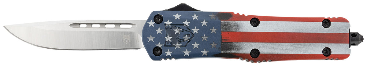 CobraTec Knives US Flag Medium FS-3 OTF 3" Drop Point D2 Steel American Flag Aluminum Cerakoted Handle