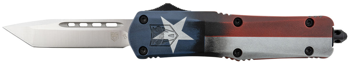 CobraTec Knives Texas Flag Medium FS-3 OTF 3" Tanto D2 Steel Texas Flag Aluminum Cerakoted Handle
