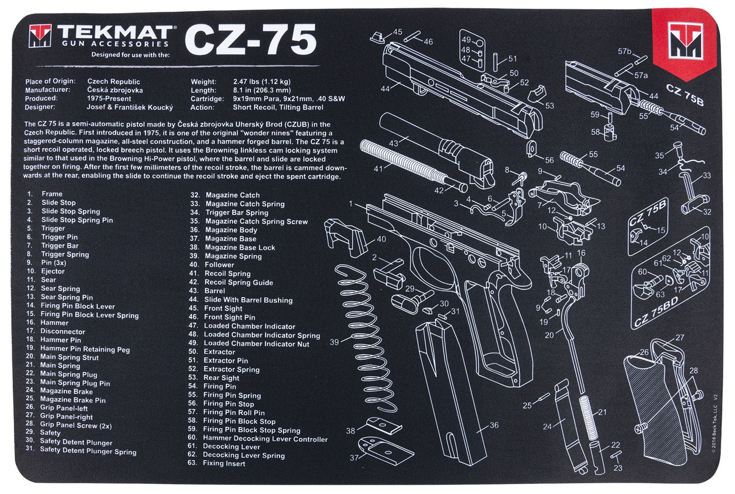 TekMat CZ 75 Parts Diagram Cleaning Mat Black and White Rubber 11"x17"