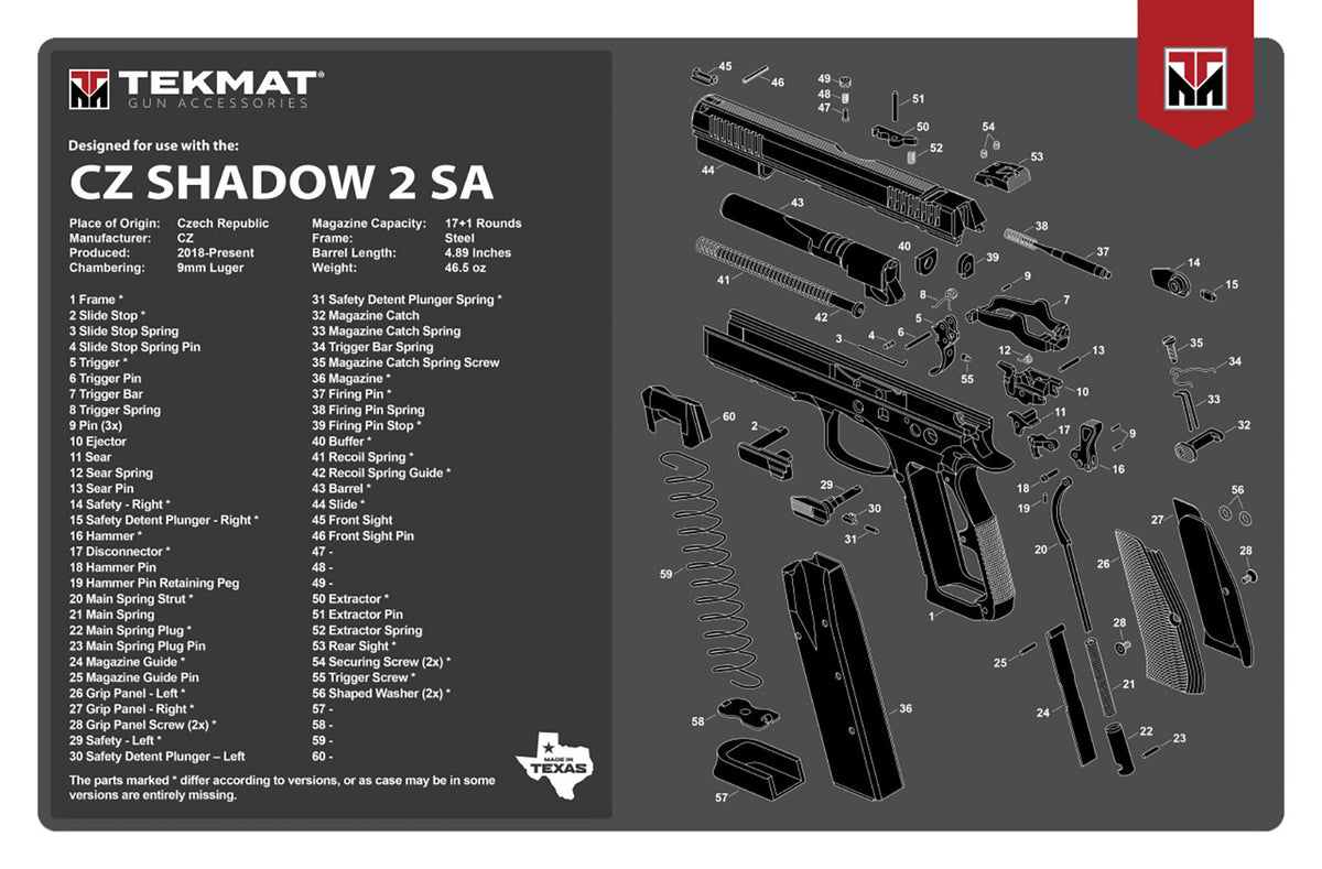TekMat CZ-75 Shadow 2 SA Parts Diagram Cleaning Mat Black and White Rubber 11"x17"