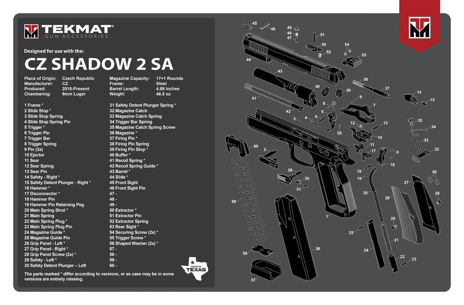 TekMat CZ-75 Shadow 2 SA Parts Diagram Cleaning Mat Black and White Rubber 11"x17"