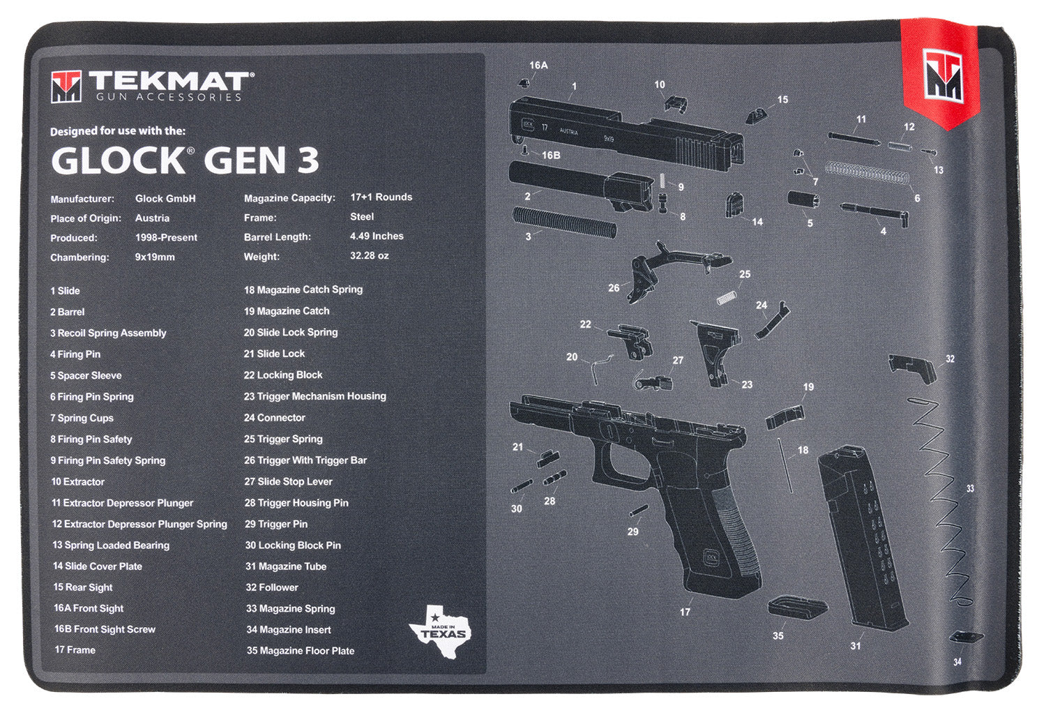 TekMat Glock Gen 3 Parts Diagram Cleaning Mat Black and White Rubber 11"x17"